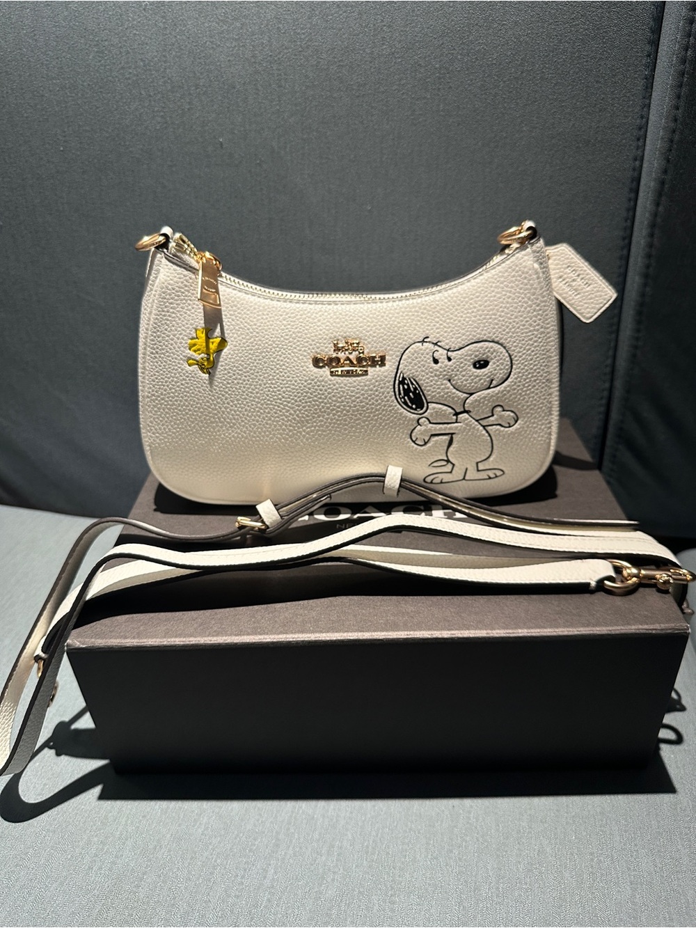 Coach White Leather Snoopy Crossbody Bag with Gold Hardware